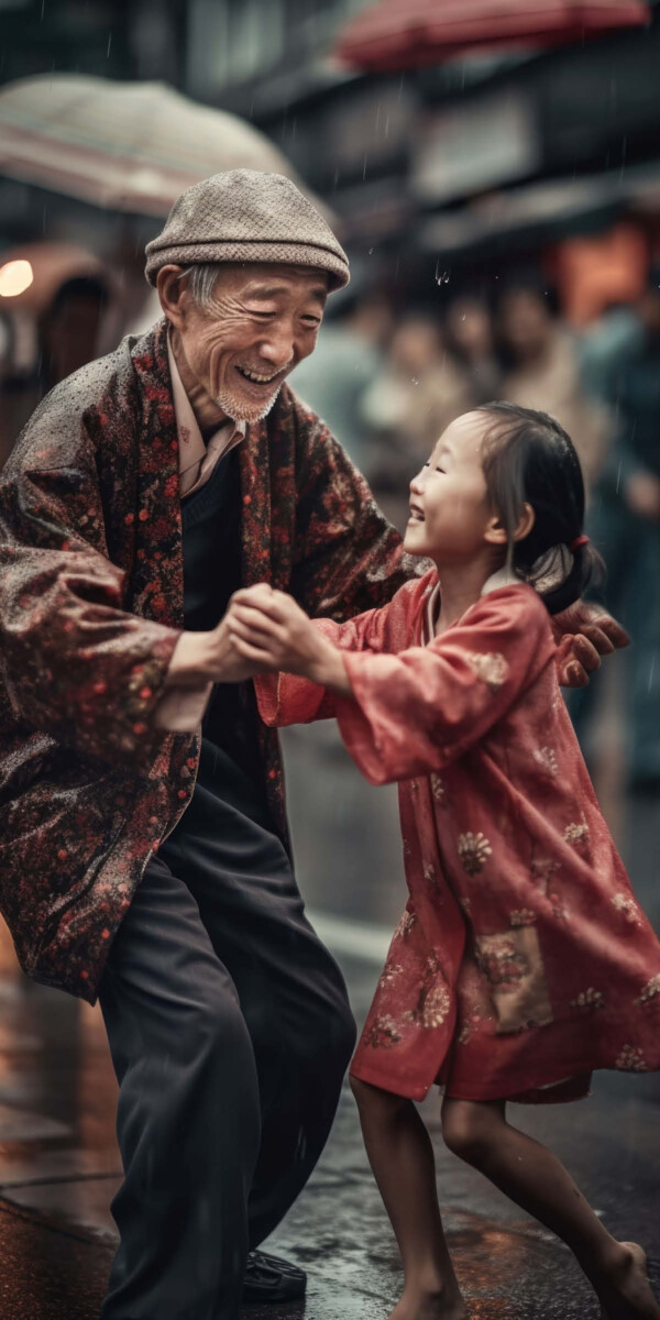 雨の路地で踊る祖父と孫娘