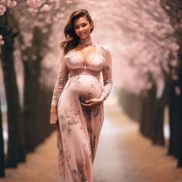 桜並木を散歩する美しい妊婦