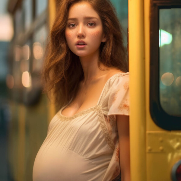 バスから降りる若い妊婦