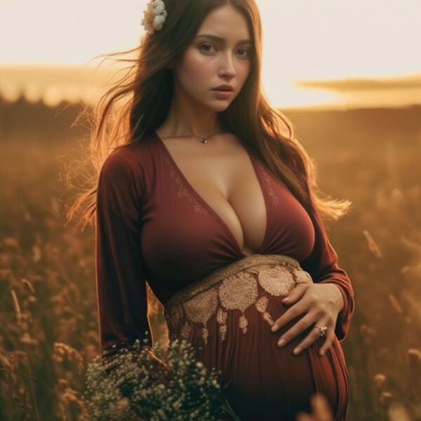 夕暮れの草原でお腹を撫でる妊娠中の女性