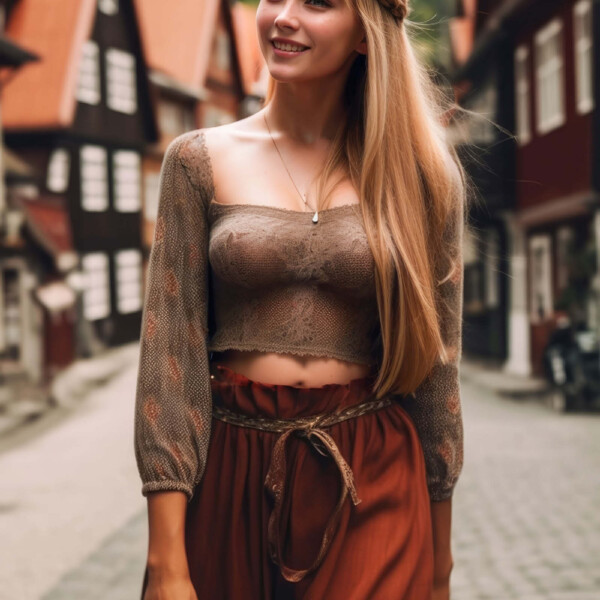 ノルウェーの美しい町ブリッゲン地区を歩く女性