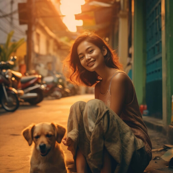 野良犬の世話をするベトナム人女性