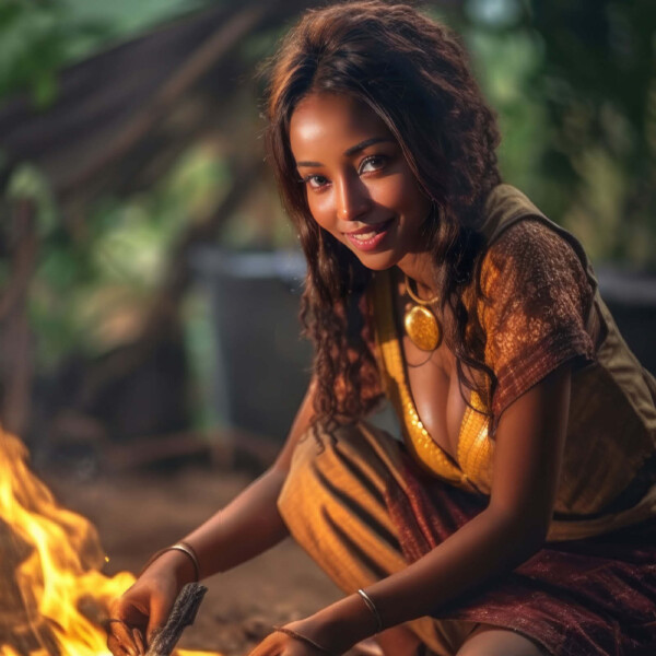 焚火で料理を作るアフリカの女性