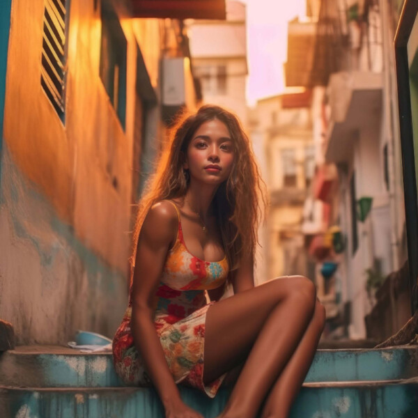 階段に座るベネズエラの美少女