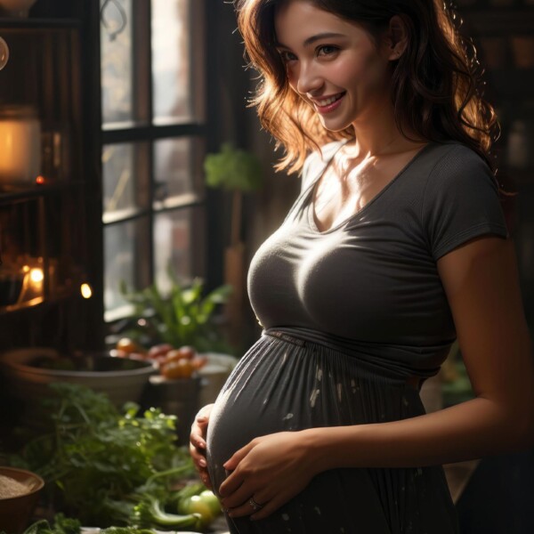 キッチンでサラダを作る臨月の美しい妊婦