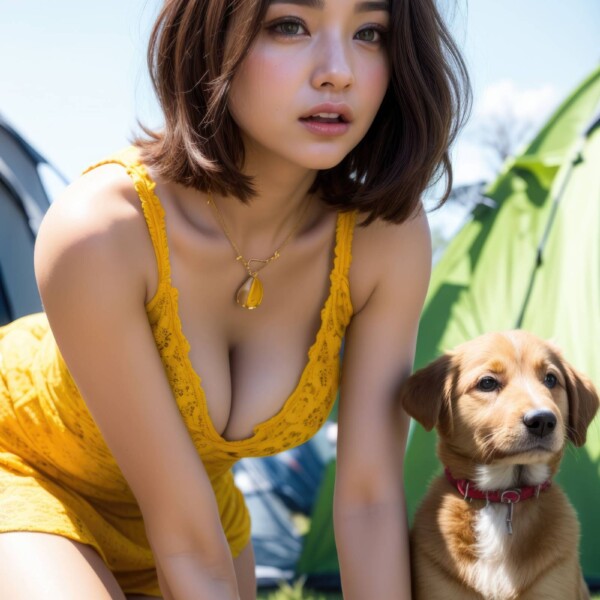 犬とキャンプを楽しむ美女