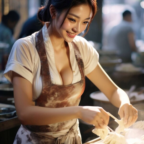餃子を作る中華料理屋で働く美人