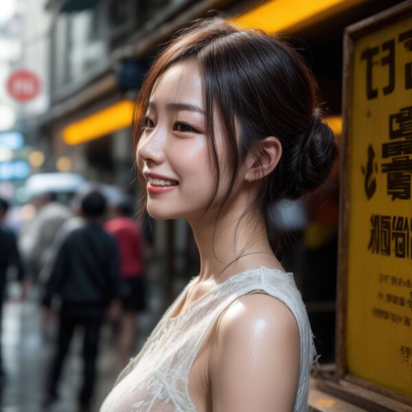 雨の通りで微笑む中国人美少女