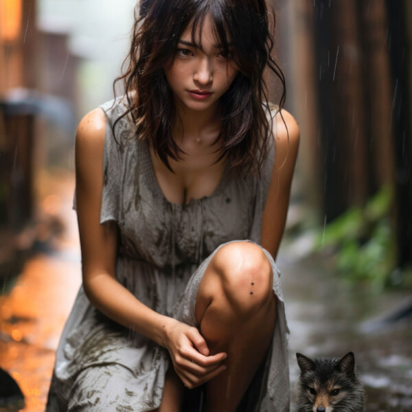 雨の降る路地にいる子ギツネとキツネ族の少女