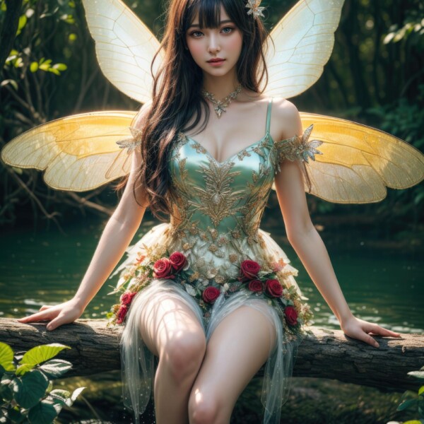 深い森の湖で羽を休める美しい妖精