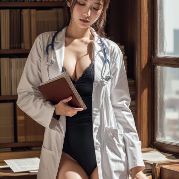 書斎で調べ物をしている巨乳の女医