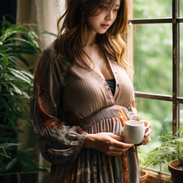 窓際でカフェインレスのお茶を飲む妊婦