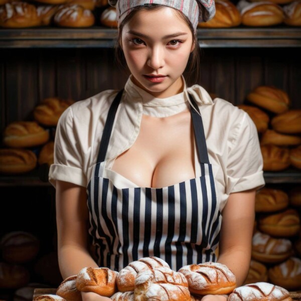パンを抱える美人パン職人