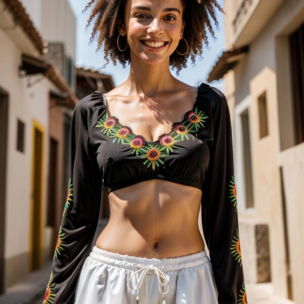 路地で微笑む可愛いブラジル人女性