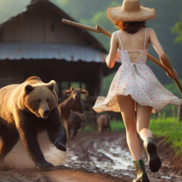 熊と戦う村の女性