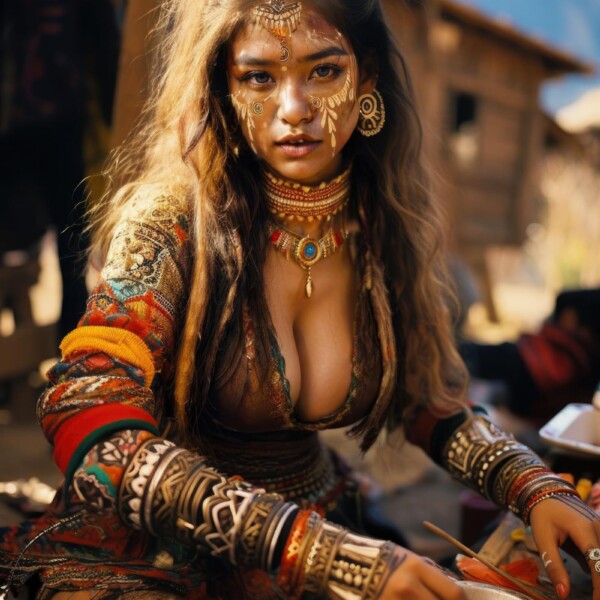 部族特融の化粧をする褐色の美女