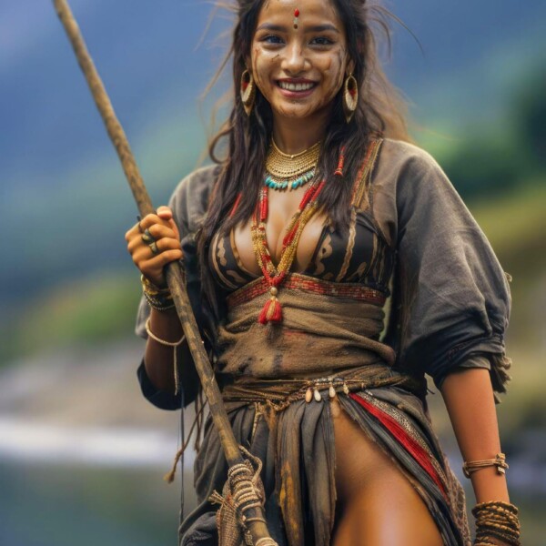川で漁をする部族の女性