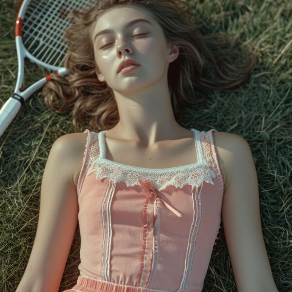 テニスの練習後、芝生に寝ころぶ育ちの良さそうな美女