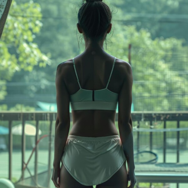 合宿所の窓から外を眺める女性テニスプレイヤー