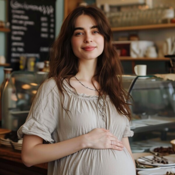 大きくなったお腹を強調する妊婦カフェの店員