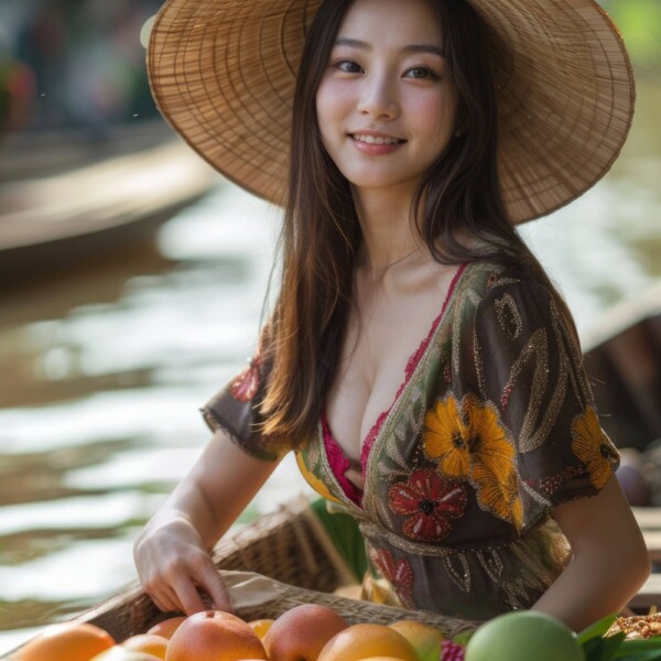 チェンマイの水上マーケットで果物を売るタイの美女