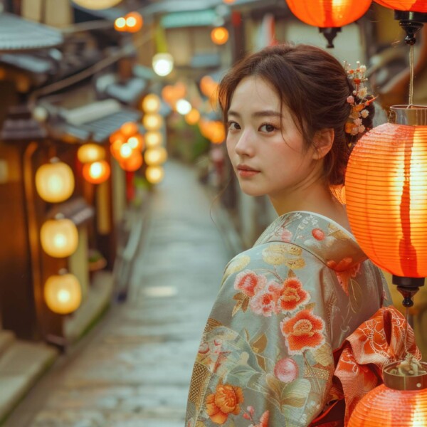 日本の風情ある路地を歩く和装美女