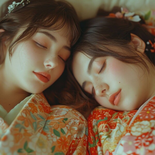 着物姿で昼寝をする2人の美少女の寝顔