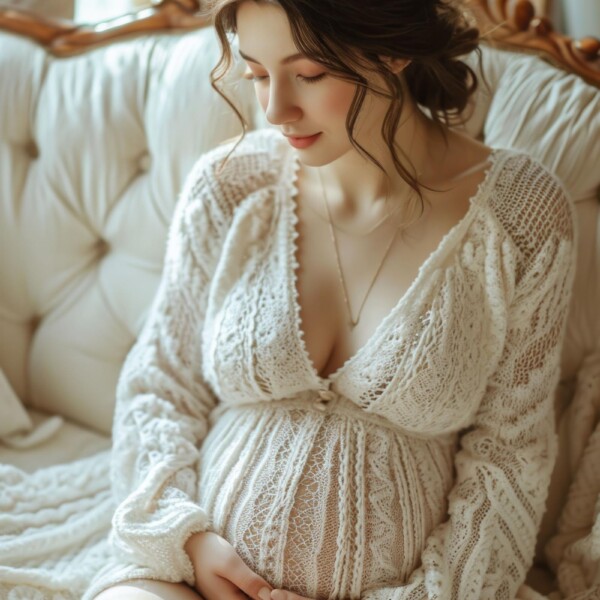 ニットのセーターを着た色白美人な妊婦