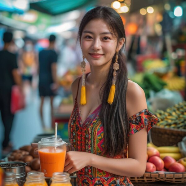 タイの屋台でフルーツジュースを売る頭の良さそうな黒髪美人