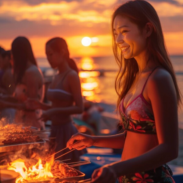 タイのパタヤビーチでエビを焼く美女
