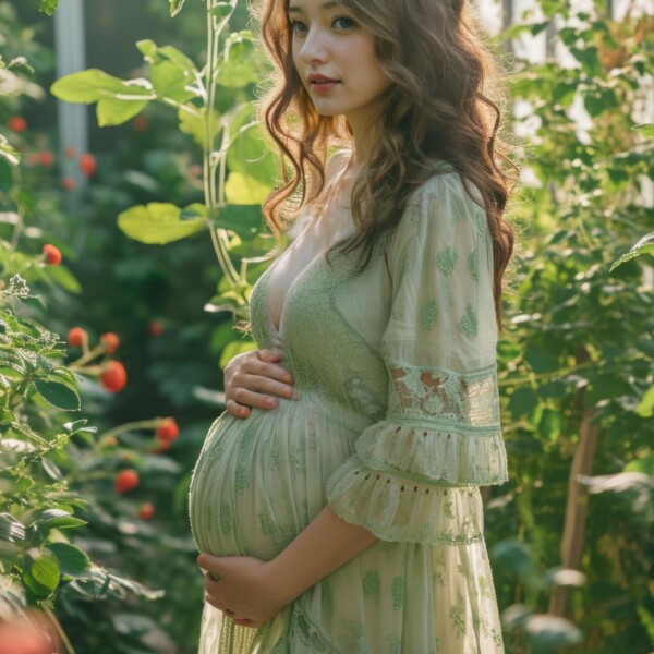 家庭菜園を楽しむ美しい妊婦