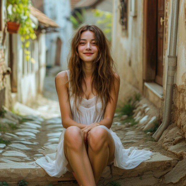 石畳に座って微笑む美人ルーマニア人女性