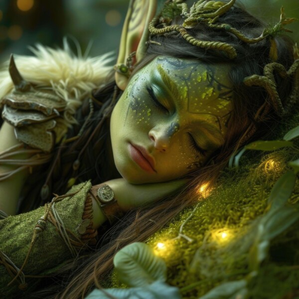 眠りにつくファンタジー世界の美しい女オーク