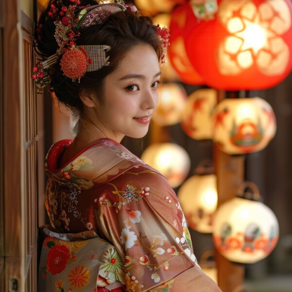 神社の境内にいる着物を着た美しい日本人女性