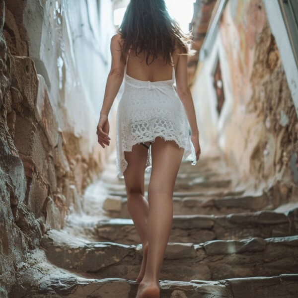階段を上る女性の裸足の足裏
