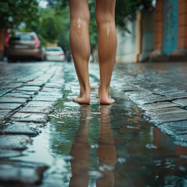 水たまりと女性の裸足