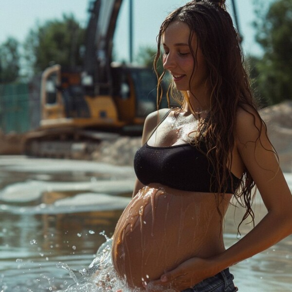 建設現場の水辺で体の汚れを落とす妊婦