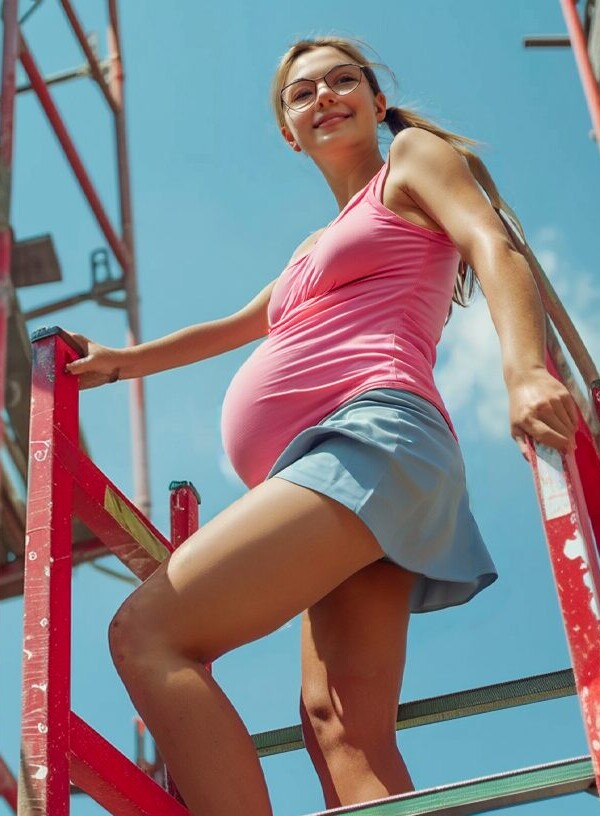 足場の上に登り周囲を見渡す眼鏡の妊婦