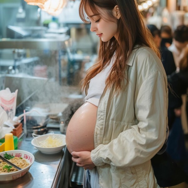 会社帰りに屋台でラーメンを食べる美人妊婦