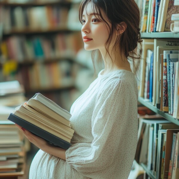 図書館で本を借りる美しい妊婦