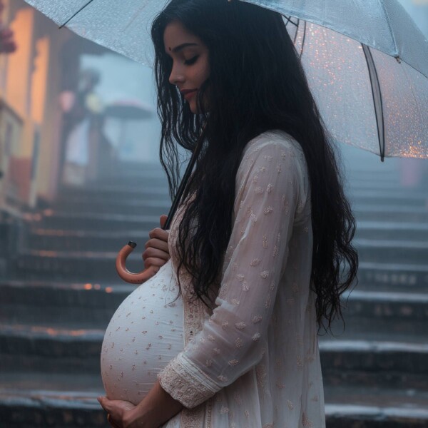 雨の日に外出しているインド人妊婦