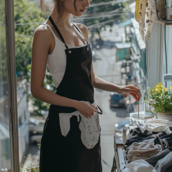 路地の突き当りの店で服を売る美人ロシア人店員