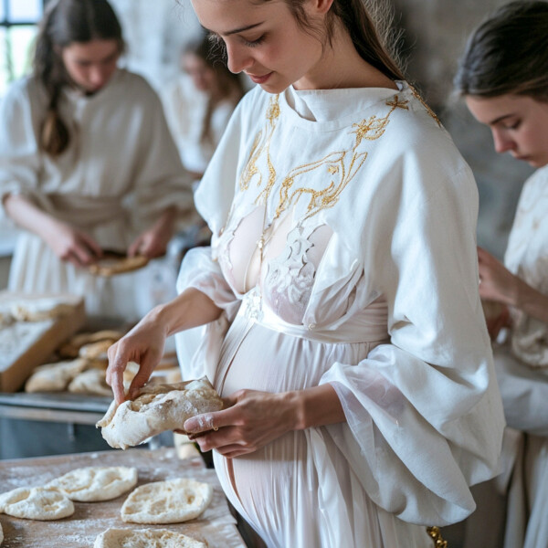 コナポ教の寺院でパンを作る妊婦の聖女