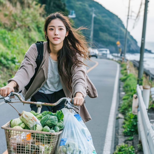 海沿いの田舎で自転車を走らせる美女