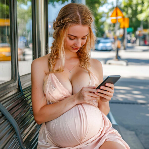 ベンチに座ってスマホを見ている可愛い臨月の巨乳妊婦