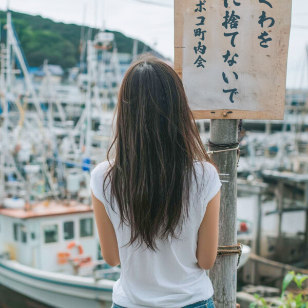 海沿いの田舎町で船を見つめる美女の後ろ姿