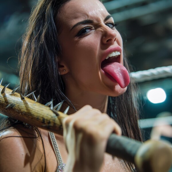 釘バットを持って威嚇する悪役女子プロレスラー