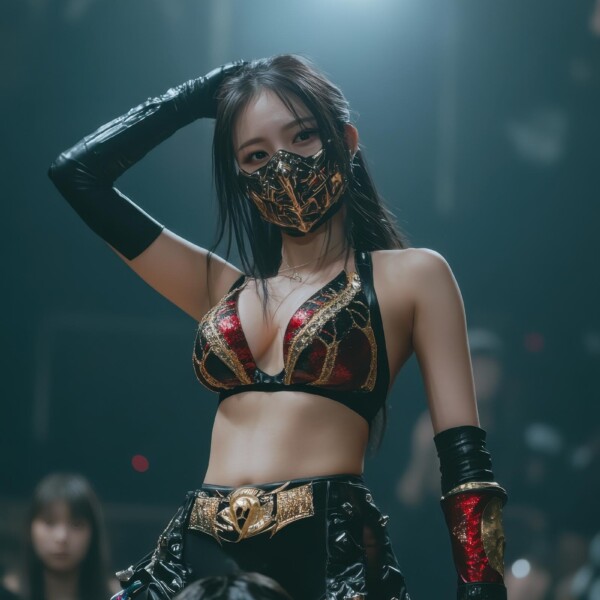 場外乱闘でポーズを決める美人レスラー
