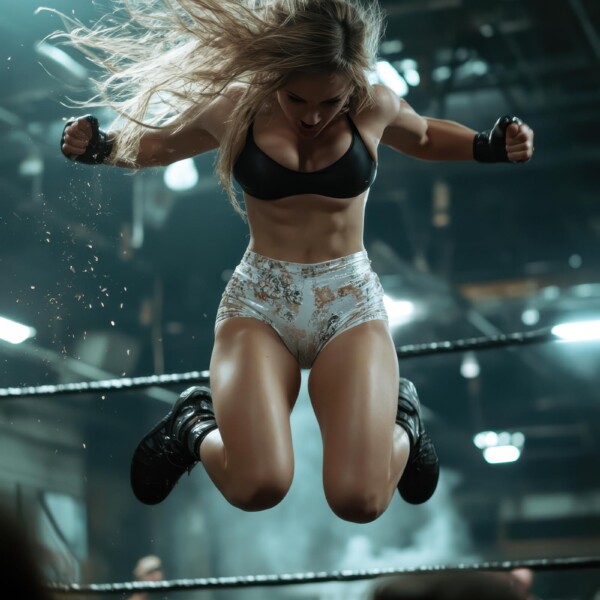 ロープを飛び越えフライングニードロップをかます女子プロレスラー