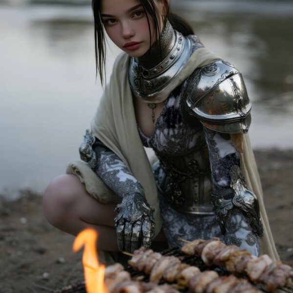 川辺で魔物の肉を焼く美人戦士